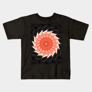 Peach fractal mandala flower on black stone Kids T-Shirt